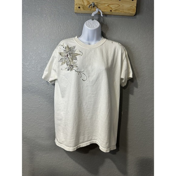VTG Christine Alexander White T-Shirt Sz M/L Rhinestone Poinsettia Christmas - Picture 1 of 12